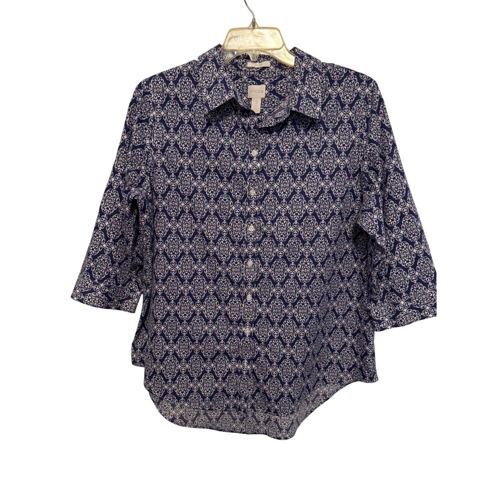 Chicos No-Iron Shirt Womens 3 Navy Blue White Damask 3/4 Sleeve Cotton Button Up
